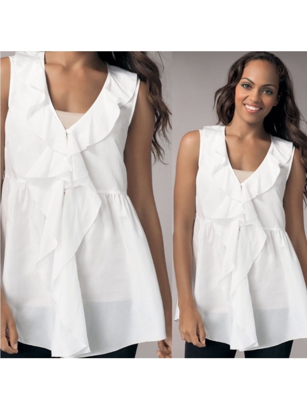 CABi 585 Cream Ruffle Front Sleeveless Tunic Blouse Size XL